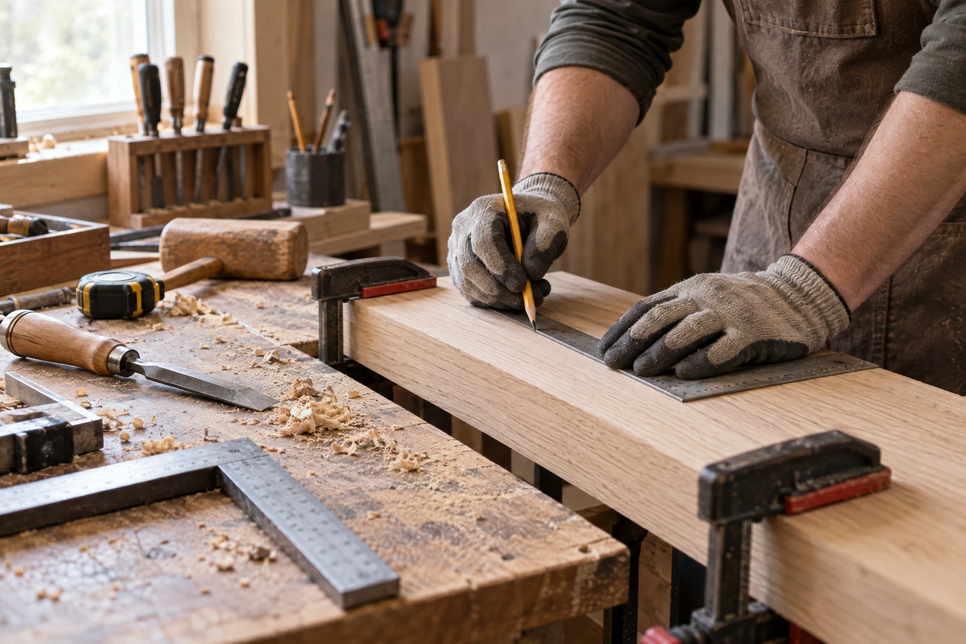 Hands aligning an unfinished oak shelf board with a square on a workbench